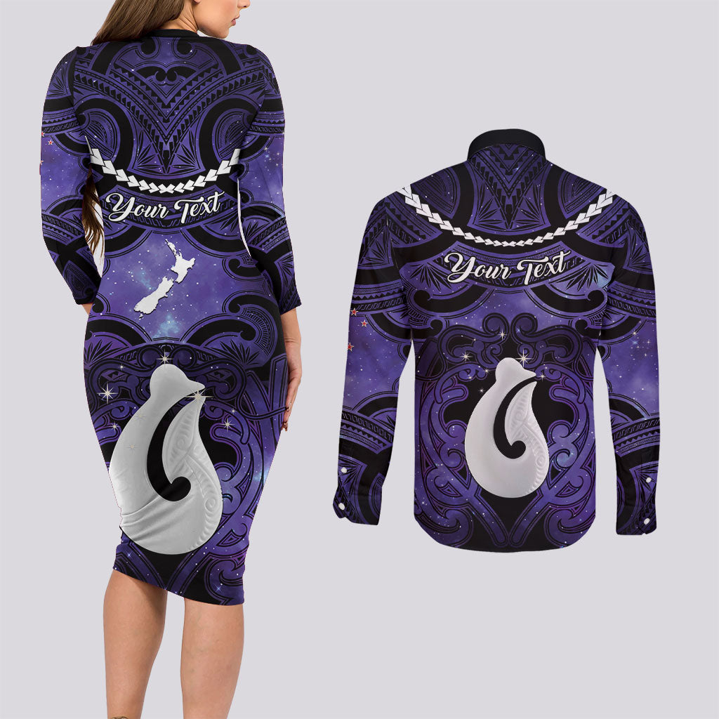 Personalised Maori Matariki Hei Matau Waiporoporo Couples Matching Long Sleeve Bodycon Dress and Long Sleeve Button Shirt Maori Kowhaiwhai Pattern Galaxy LT01 - Polynesian Pride