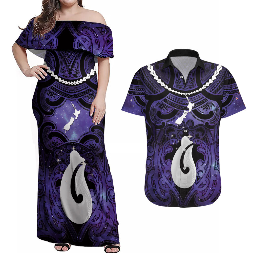 Personalised Maori Matariki Hei Matau Waiporoporo Couples Matching Off Shoulder Maxi Dress and Hawaiian Shirt Maori Kowhaiwhai Pattern Galaxy LT01 Purple - Polynesian Pride