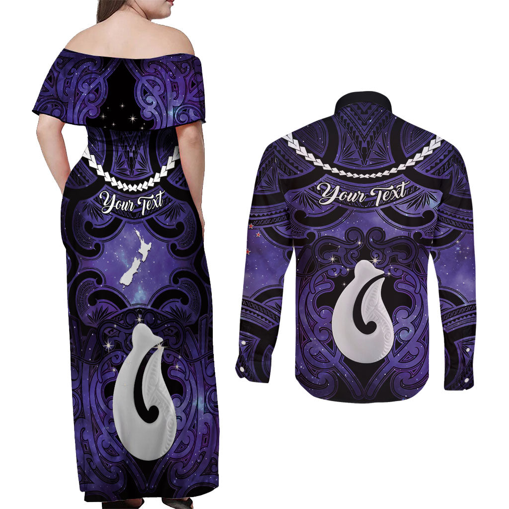 Personalised Maori Matariki Hei Matau Waiporoporo Couples Matching Off Shoulder Maxi Dress and Long Sleeve Button Shirt Maori Kowhaiwhai Pattern Galaxy LT01 - Polynesian Pride