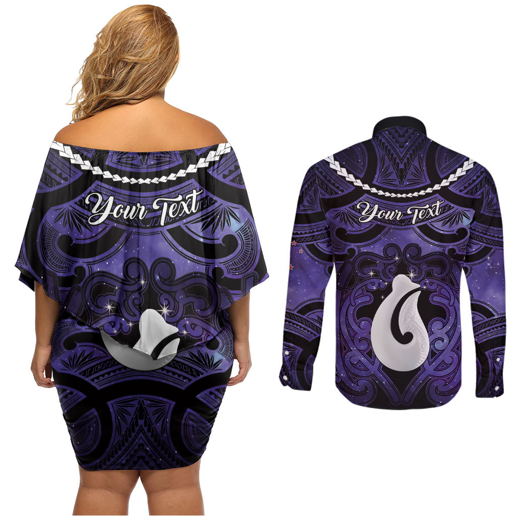 Personalised Maori Matariki Hei Matau Waiporoporo Couples Matching Off Shoulder Short Dress and Long Sleeve Button Shirt Maori Kowhaiwhai Pattern Galaxy LT01 - Polynesian Pride