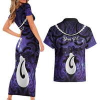 Personalised Maori Matariki Hei Matau Waiporoporo Couples Matching Short Sleeve Bodycon Dress and Hawaiian Shirt Maori Kowhaiwhai Pattern Galaxy LT01 - Polynesian Pride
