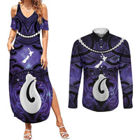 Personalised Maori Matariki Hei Matau Waiporoporo Couples Matching Summer Maxi Dress and Long Sleeve Button Shirt Maori Kowhaiwhai Pattern Galaxy LT01 Purple - Polynesian Pride