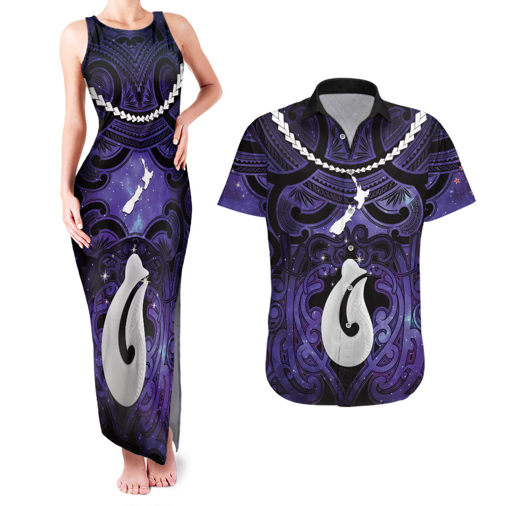Personalised Maori Matariki Hei Matau Waiporoporo Couples Matching Tank Maxi Dress and Hawaiian Shirt Maori Kowhaiwhai Pattern Galaxy LT01 Purple - Polynesian Pride