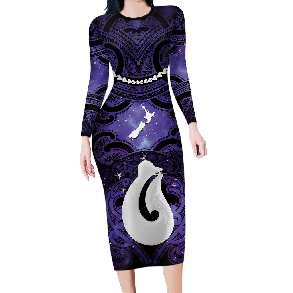 Personalised Maori Matariki Hei Matau Waiporoporo Family Matching Long Sleeve Bodycon Dress and Hawaiian Shirt Maori Kowhaiwhai Pattern Galaxy LT01 Mom's Dress Purple - Polynesian Pride