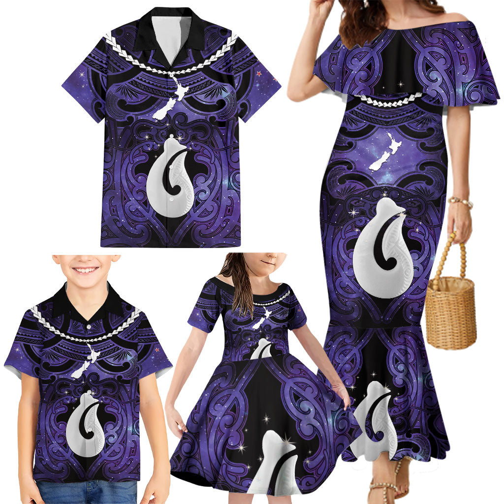 Personalised Maori Matariki Hei Matau Waiporoporo Family Matching Mermaid Dress and Hawaiian Shirt Maori Kowhaiwhai Pattern Galaxy LT01 - Polynesian Pride