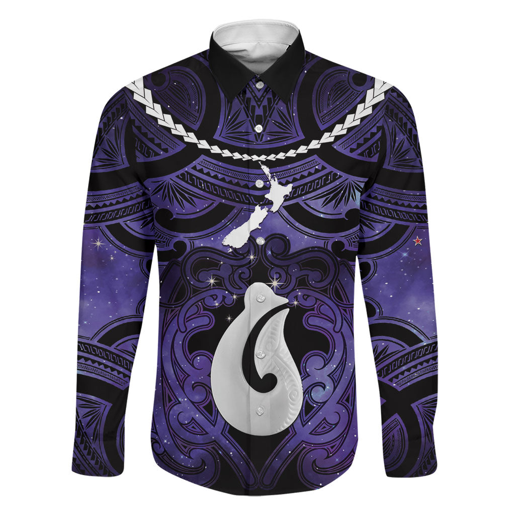 Personalised Maori Matariki Hei Matau Waiporoporo Family Matching Mermaid Dress and Hawaiian Shirt Maori Kowhaiwhai Pattern Galaxy LT01 Dad's Shirt - Long Sleeve Purple - Polynesian Pride