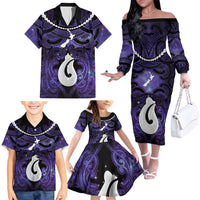 Personalised Maori Matariki Hei Matau Waiporoporo Family Matching Off The Shoulder Long Sleeve Dress and Hawaiian Shirt Maori Kowhaiwhai Pattern Galaxy LT01 - Polynesian Pride