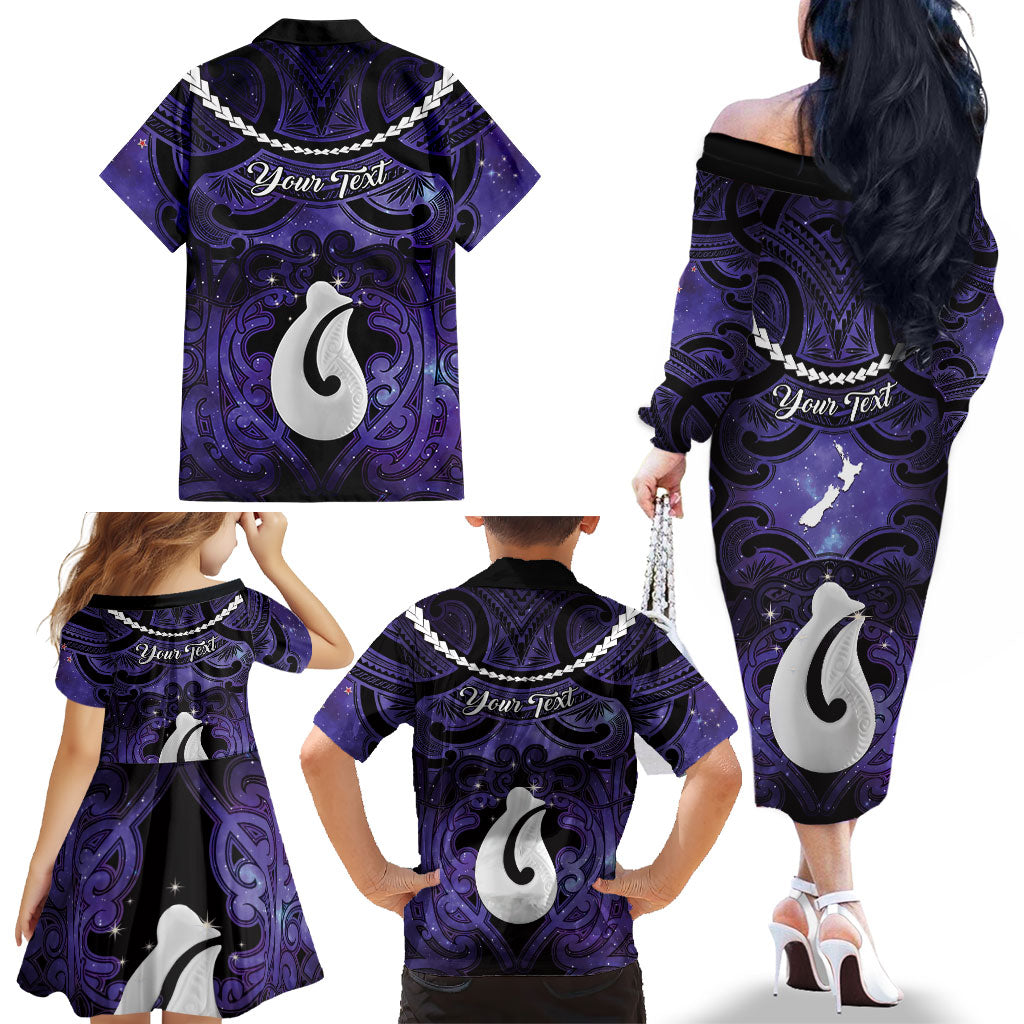 Personalised Maori Matariki Hei Matau Waiporoporo Family Matching Off The Shoulder Long Sleeve Dress and Hawaiian Shirt Maori Kowhaiwhai Pattern Galaxy LT01 - Polynesian Pride