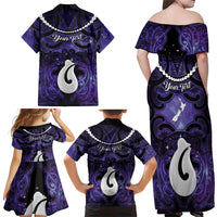 Personalised Maori Matariki Hei Matau Waiporoporo Family Matching Off Shoulder Maxi Dress and Hawaiian Shirt Maori Kowhaiwhai Pattern Galaxy LT01 - Polynesian Pride