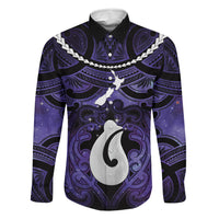 Personalised Maori Matariki Hei Matau Waiporoporo Family Matching Off Shoulder Maxi Dress and Hawaiian Shirt Maori Kowhaiwhai Pattern Galaxy LT01 Dad's Shirt - Long Sleeve Purple - Polynesian Pride