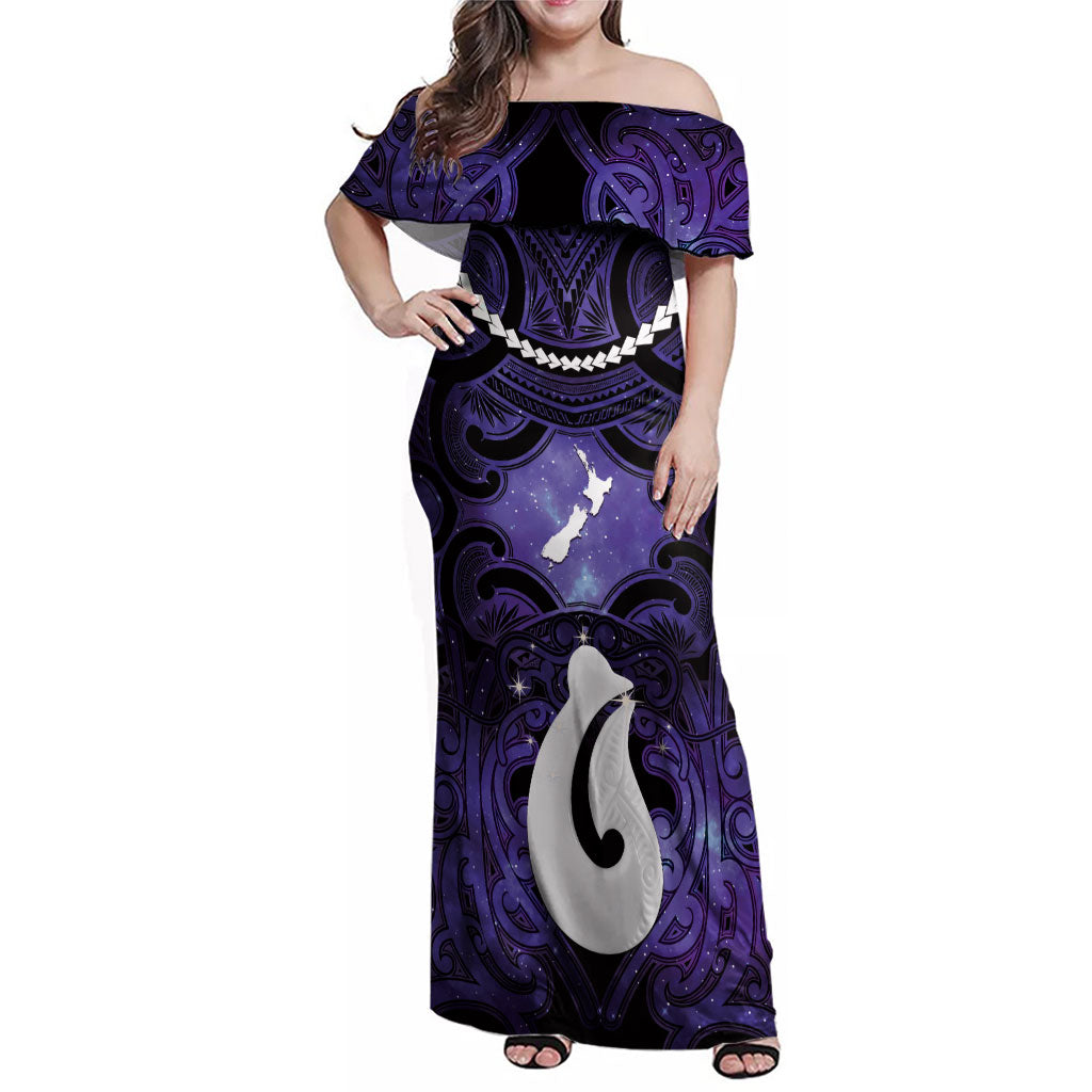 Personalised Maori Matariki Hei Matau Waiporoporo Family Matching Off Shoulder Maxi Dress and Hawaiian Shirt Maori Kowhaiwhai Pattern Galaxy LT01 Mom's Dress Purple - Polynesian Pride