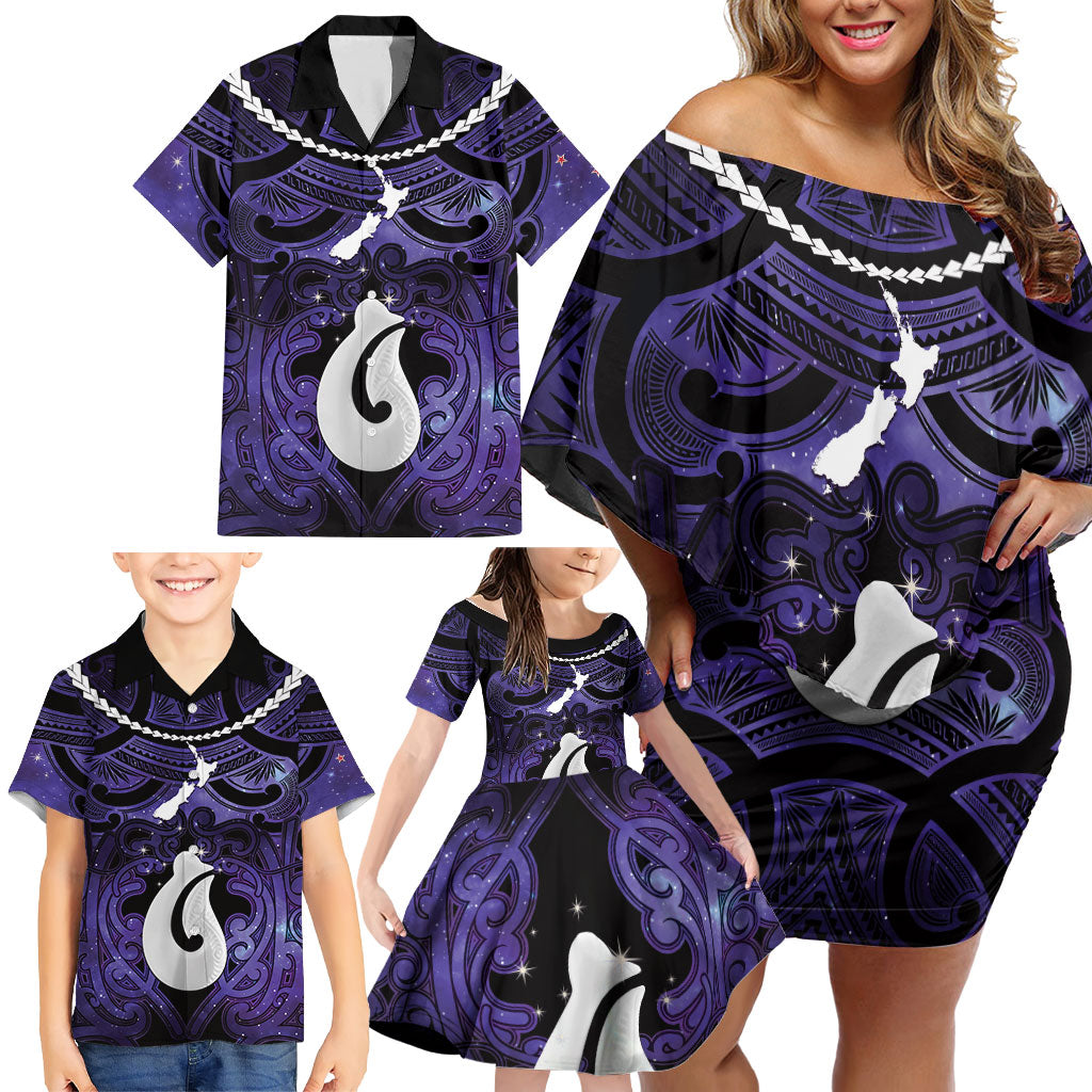 Personalised Maori Matariki Hei Matau Waiporoporo Family Matching Off Shoulder Short Dress and Hawaiian Shirt Maori Kowhaiwhai Pattern Galaxy