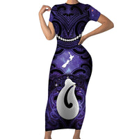 Personalised Maori Matariki Hei Matau Waiporoporo Family Matching Short Sleeve Bodycon Dress and Hawaiian Shirt Maori Kowhaiwhai Pattern Galaxy LT01 Mom's Dress Purple - Polynesian Pride