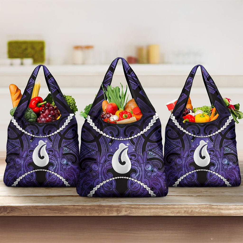 Maori Matariki Hei Matau Waiporoporo Grocery Bag Maori Kowhaiwhai Pattern Galaxy