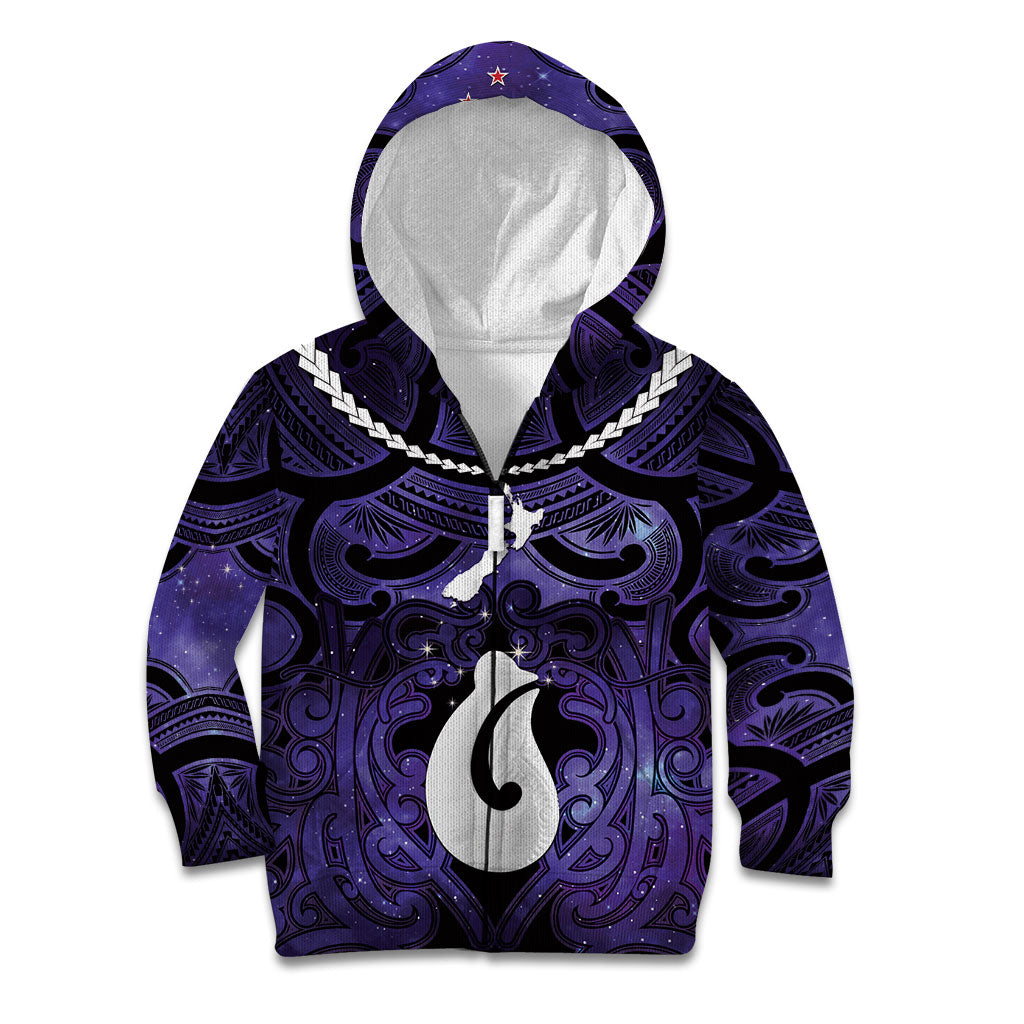 Personalised Maori Matariki Hei Matau Waiporoporo Kid Hoodie Maori Kowhaiwhai Pattern Galaxy LT01 Zip Hoodie Purple - Polynesian Pride