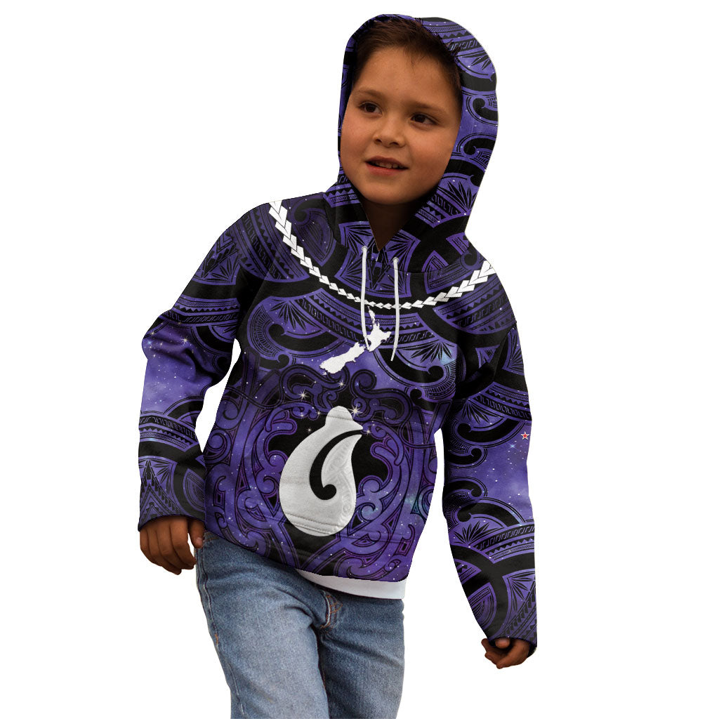 Personalised Maori Matariki Hei Matau Waiporoporo Kid Hoodie Maori Kowhaiwhai Pattern Galaxy LT01 - Polynesian Pride