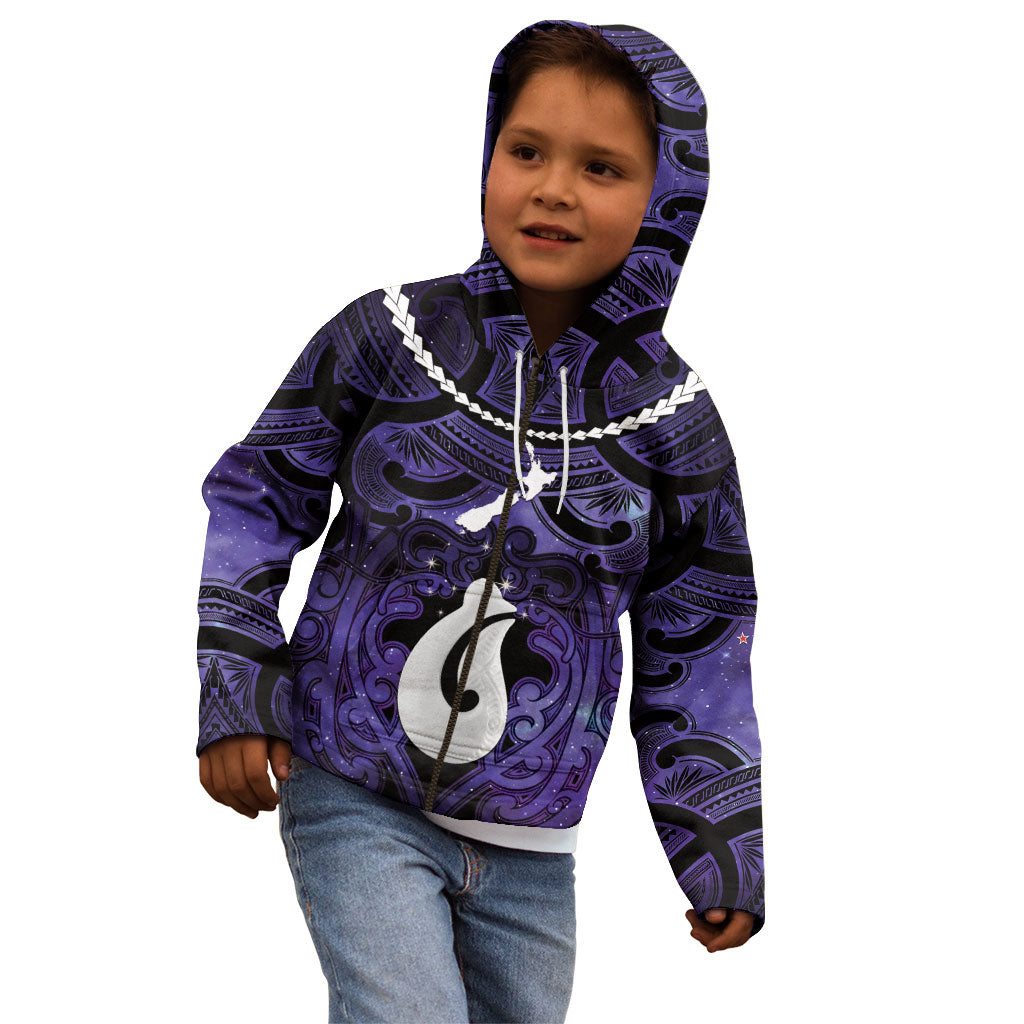 Personalised Maori Matariki Hei Matau Waiporoporo Kid Hoodie Maori Kowhaiwhai Pattern Galaxy LT01 - Polynesian Pride