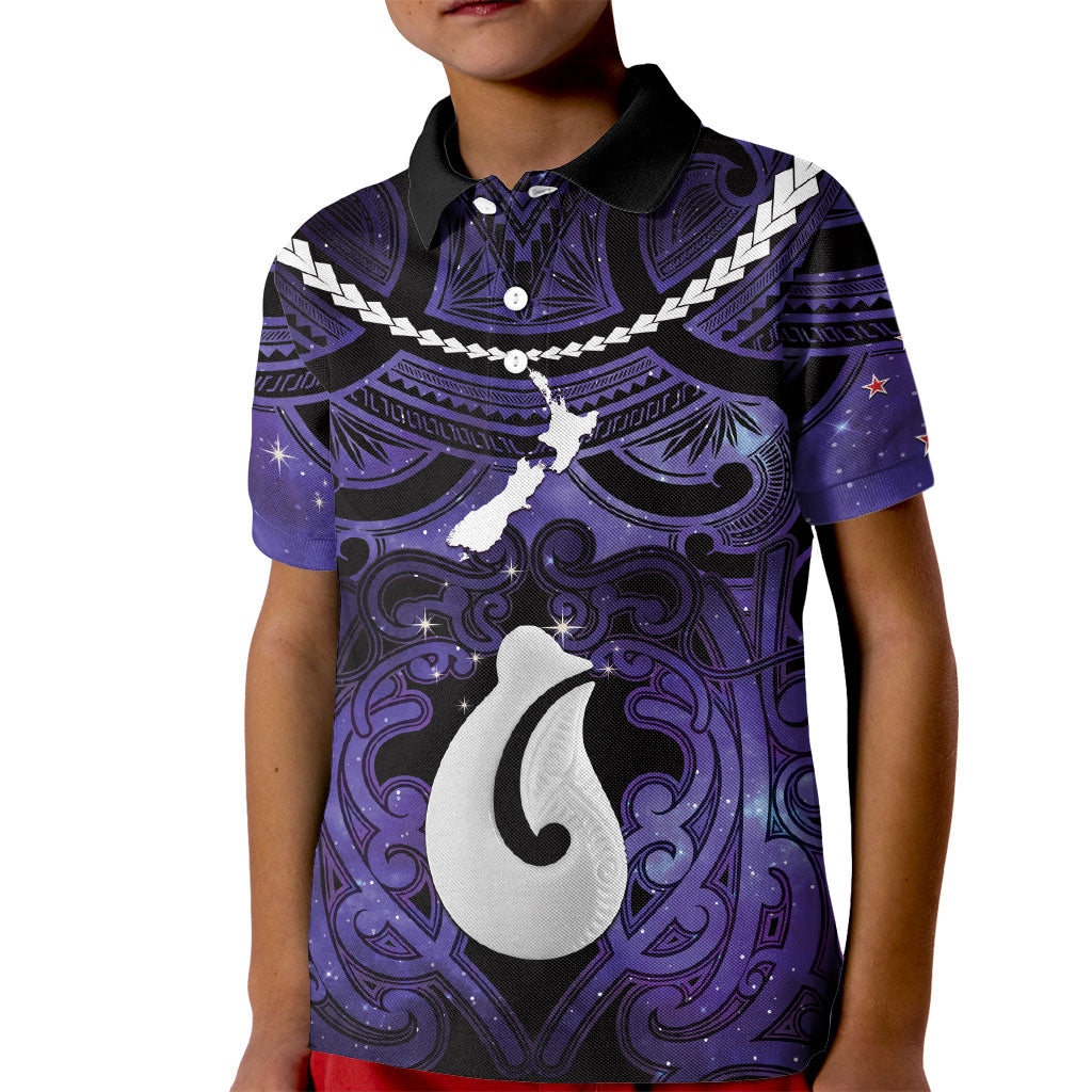 Personalised Maori Matariki Hei Matau Waiporoporo Kid Polo Shirt Maori Kowhaiwhai Pattern Galaxy LT01 Kid Purple - Polynesian Pride