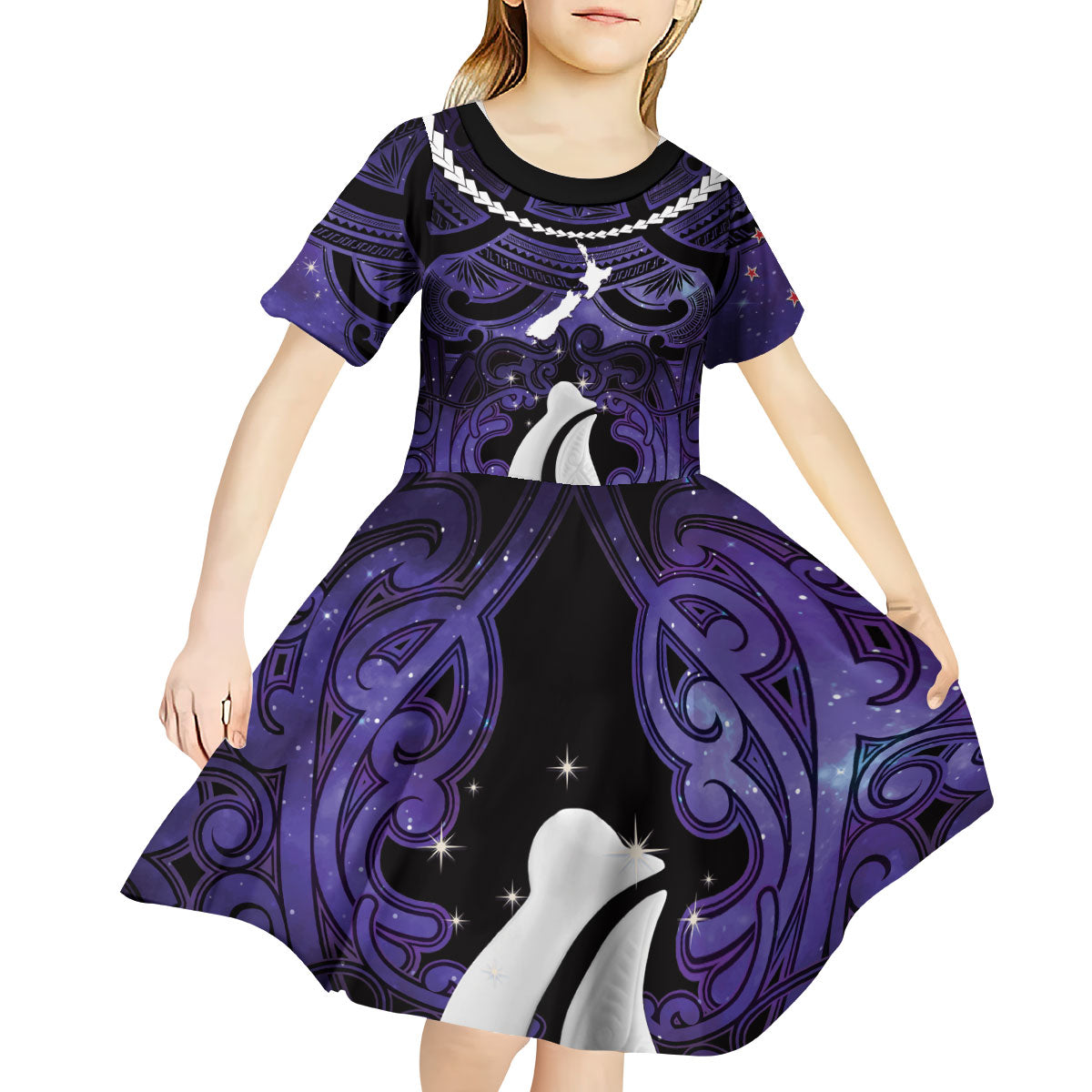 Personalised Maori Matariki Hei Matau Waiporoporo Kid Short Sleeve Dress Maori Kowhaiwhai Pattern Galaxy LT01 - Polynesian Pride