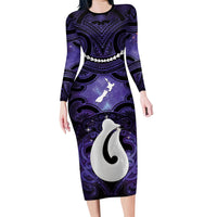 Personalised Maori Matariki Hei Matau Waiporoporo Long Sleeve Bodycon Dress Maori Kowhaiwhai Pattern Galaxy LT01 Long Dress Purple - Polynesian Pride