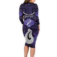 Personalised Maori Matariki Hei Matau Waiporoporo Long Sleeve Bodycon Dress Maori Kowhaiwhai Pattern Galaxy LT01 - Polynesian Pride