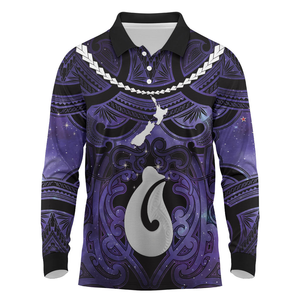Personalised Maori Matariki Hei Matau Waiporoporo Long Sleeve Polo Shirt Maori Kowhaiwhai Pattern Galaxy LT01 Purple - Polynesian Pride