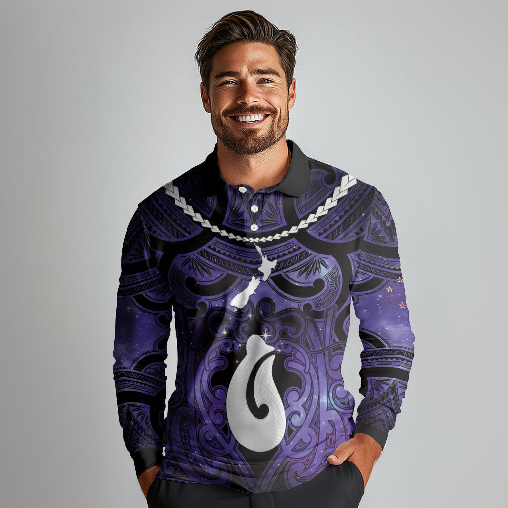 Personalised Maori Matariki Hei Matau Waiporoporo Long Sleeve Polo Shirt Maori Kowhaiwhai Pattern Galaxy LT01 - Polynesian Pride
