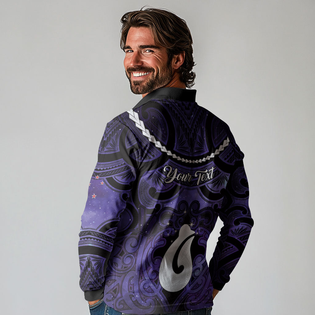 Personalised Maori Matariki Hei Matau Waiporoporo Long Sleeve Polo Shirt Maori Kowhaiwhai Pattern Galaxy LT01 - Polynesian Pride