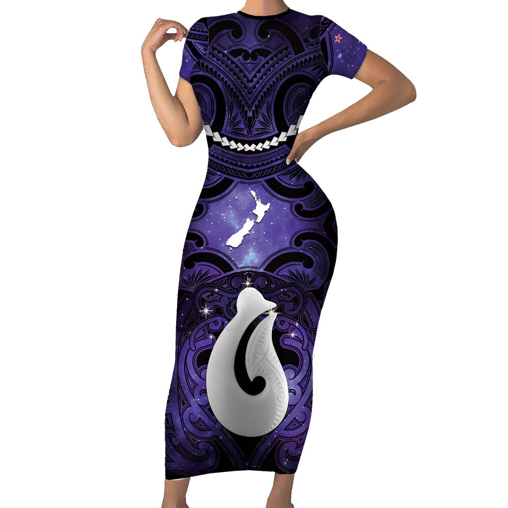 Personalised Maori Matariki Hei Matau Waiporoporo Short Sleeve Bodycon Dress Maori Kowhaiwhai Pattern Galaxy LT01 Long Dress Purple - Polynesian Pride
