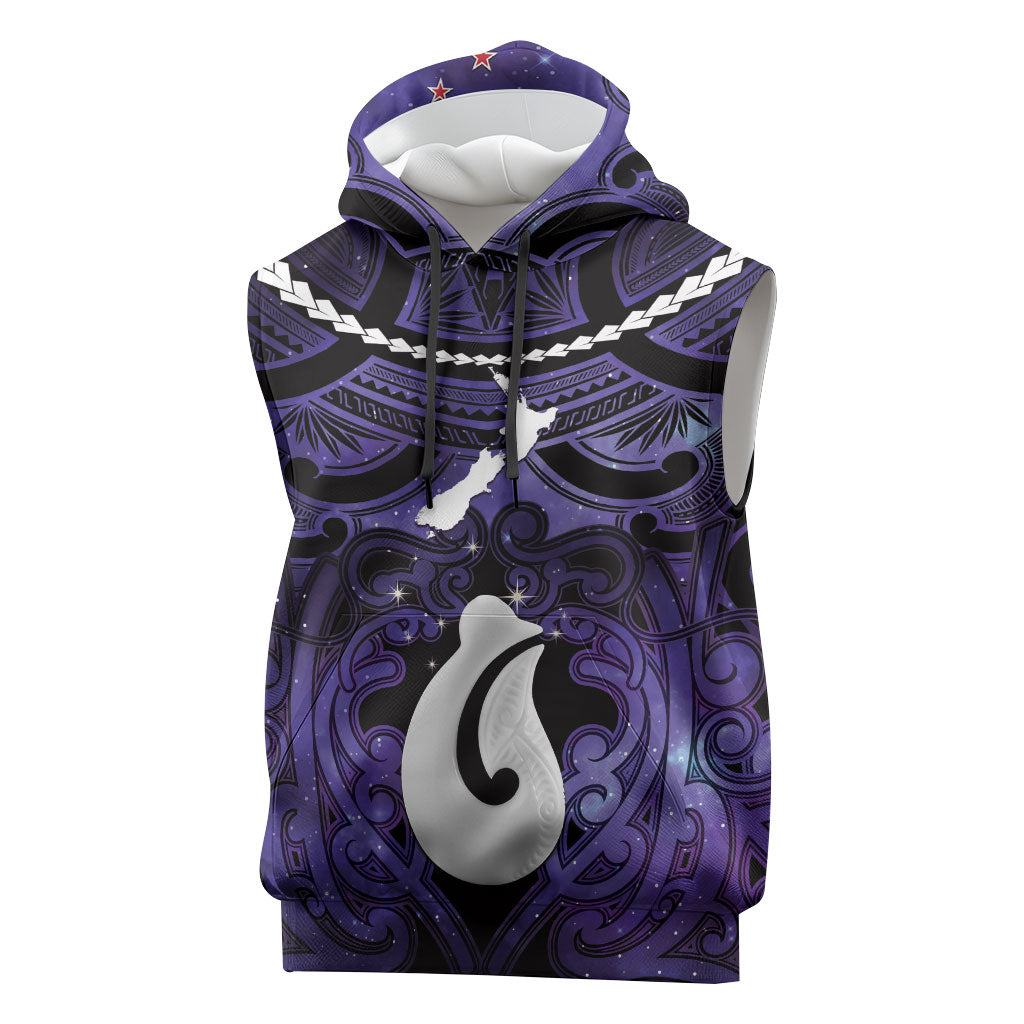 Personalised Maori Matariki Hei Matau Waiporoporo Sleeveless Hoodie Maori Kowhaiwhai Pattern Galaxy LT01 Purple - Polynesian Pride