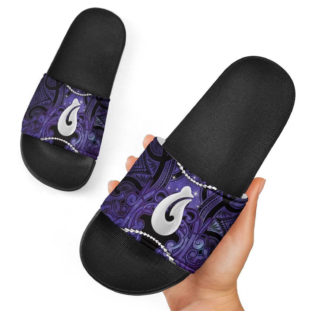 Maori Matariki Hei Matau Waiporoporo Slide Sandals Maori Kowhaiwhai Pattern Galaxy