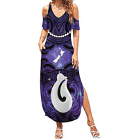 Personalised Maori Matariki Hei Matau Waiporoporo Summer Maxi Dress Maori Kowhaiwhai Pattern Galaxy