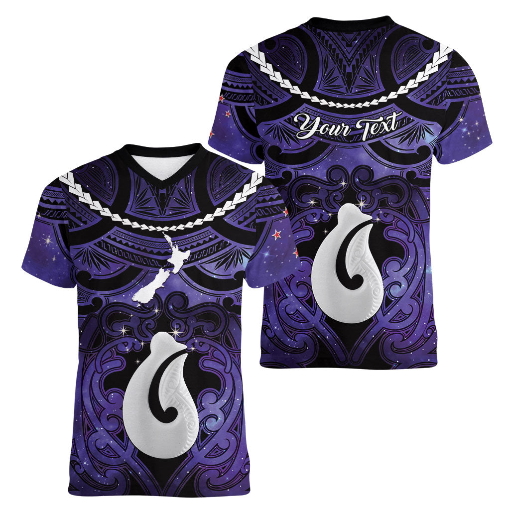 Personalised Maori Matariki Hei Matau Waiporoporo Women V-Neck T-Shirt Maori Kowhaiwhai Pattern Galaxy LT01 - Polynesian Pride