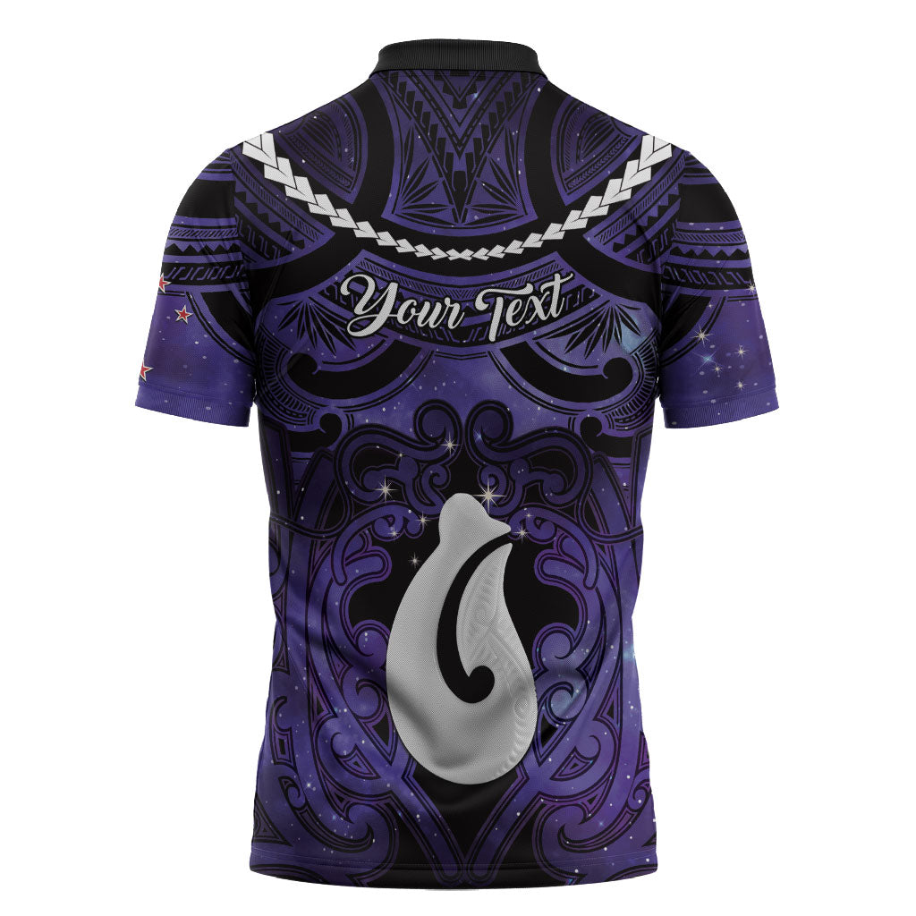 Personalised Maori Matariki Hei Matau Waiporoporo Zipper Polo Shirt Maori Kowhaiwhai Pattern Galaxy LT01 - Polynesian Pride