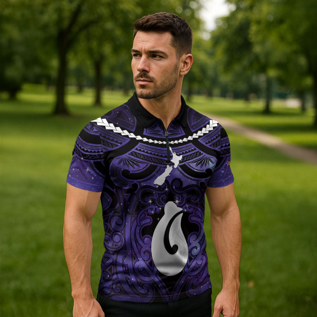 Personalised Maori Matariki Hei Matau Waiporoporo Zipper Polo Shirt Maori Kowhaiwhai Pattern Galaxy LT01 - Polynesian Pride