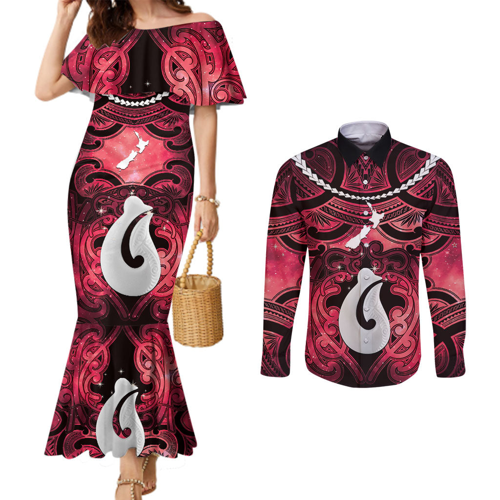 Personalised Maori Matariki Hei Matau Whero Couples Matching Mermaid Dress and Long Sleeve Button Shirt Maori Kowhaiwhai Pattern Galaxy LT01 Red - Polynesian Pride