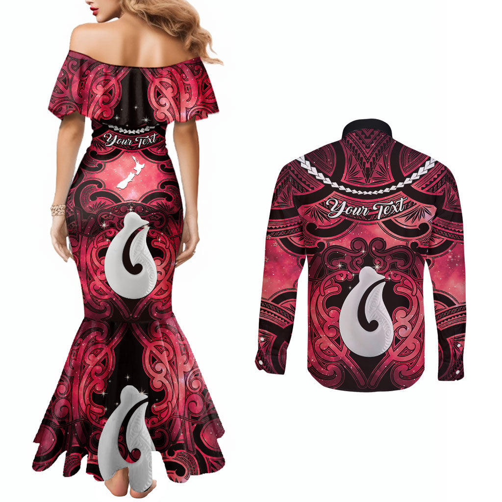 Personalised Maori Matariki Hei Matau Whero Couples Matching Mermaid Dress and Long Sleeve Button Shirt Maori Kowhaiwhai Pattern Galaxy LT01 - Polynesian Pride