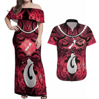 Personalised Maori Matariki Hei Matau Whero Couples Matching Off Shoulder Maxi Dress and Hawaiian Shirt Maori Kowhaiwhai Pattern Galaxy LT01 Red - Polynesian Pride