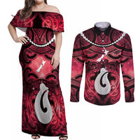 Personalised Maori Matariki Hei Matau Whero Couples Matching Off Shoulder Maxi Dress and Long Sleeve Button Shirt Maori Kowhaiwhai Pattern Galaxy LT01 Red - Polynesian Pride