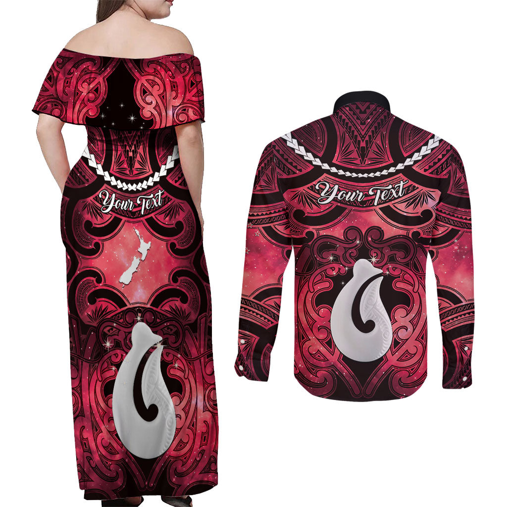 Personalised Maori Matariki Hei Matau Whero Couples Matching Off Shoulder Maxi Dress and Long Sleeve Button Shirt Maori Kowhaiwhai Pattern Galaxy LT01 - Polynesian Pride