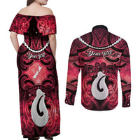 Personalised Maori Matariki Hei Matau Whero Couples Matching Off Shoulder Maxi Dress and Long Sleeve Button Shirt Maori Kowhaiwhai Pattern Galaxy LT01 - Polynesian Pride
