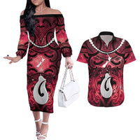 Personalised Maori Matariki Hei Matau Whero Couples Matching Off The Shoulder Long Sleeve Dress and Hawaiian Shirt Maori Kowhaiwhai Pattern Galaxy LT01 Red - Polynesian Pride