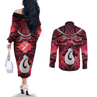 Personalised Maori Matariki Hei Matau Whero Couples Matching Off The Shoulder Long Sleeve Dress and Long Sleeve Button Shirt Maori Kowhaiwhai Pattern Galaxy LT01 - Polynesian Pride