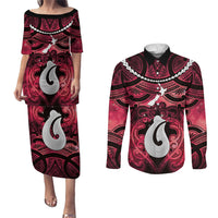 Personalised Maori Matariki Hei Matau Whero Couples Matching Puletasi and Long Sleeve Button Shirt Maori Kowhaiwhai Pattern Galaxy LT01 Red - Polynesian Pride