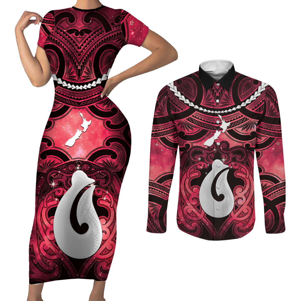 Personalised Maori Matariki Hei Matau Whero Couples Matching Short Sleeve Bodycon Dress and Long Sleeve Button Shirt Maori Kowhaiwhai Pattern Galaxy LT01 Red - Polynesian Pride
