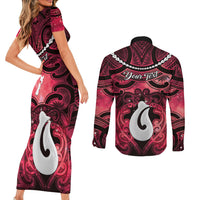 Personalised Maori Matariki Hei Matau Whero Couples Matching Short Sleeve Bodycon Dress and Long Sleeve Button Shirt Maori Kowhaiwhai Pattern Galaxy LT01 - Polynesian Pride