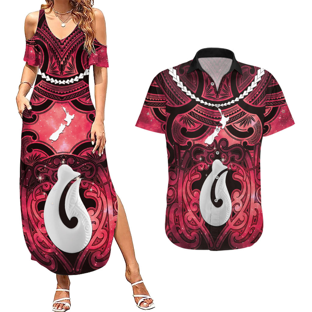 Personalised Maori Matariki Hei Matau Whero Couples Matching Summer Maxi Dress and Hawaiian Shirt Maori Kowhaiwhai Pattern Galaxy LT01 Red - Polynesian Pride