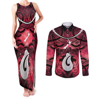 Personalised Maori Matariki Hei Matau Whero Couples Matching Tank Maxi Dress and Long Sleeve Button Shirt Maori Kowhaiwhai Pattern Galaxy LT01 Red - Polynesian Pride