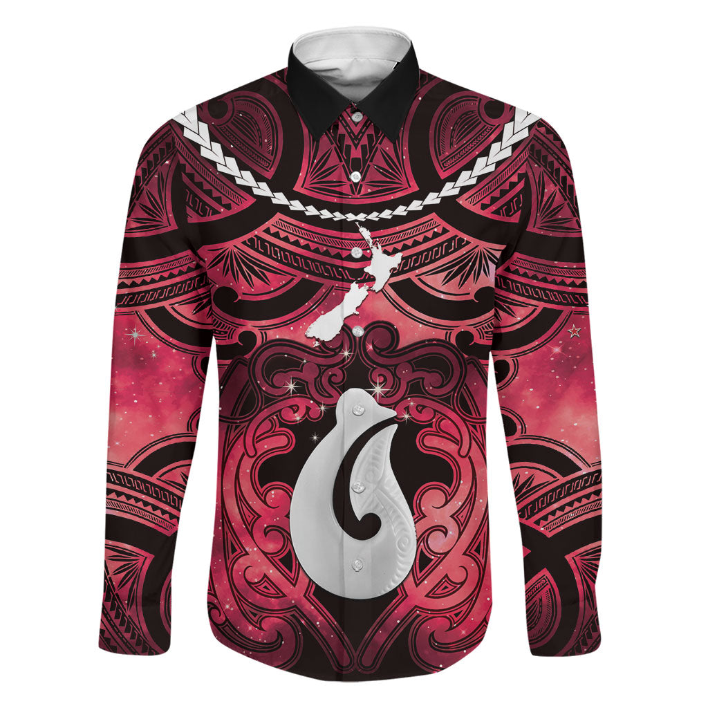 Personalised Maori Matariki Hei Matau Whero Family Matching Long Sleeve Bodycon Dress and Hawaiian Shirt Maori Kowhaiwhai Pattern Galaxy LT01 Dad's Shirt - Long Sleeve Red - Polynesian Pride