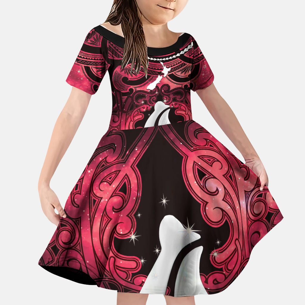 Personalised Maori Matariki Hei Matau Whero Family Matching Off Shoulder Short Dress and Hawaiian Shirt Maori Kowhaiwhai Pattern Galaxy LT01 Daughter's Dress Red - Polynesian Pride
